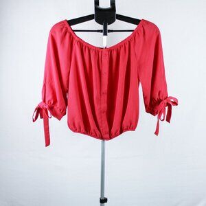 Ambiance, Juniors L. Short Sleeved with Ties, Red Button Down Cropped Blouse.